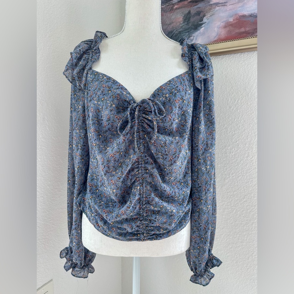 ASTR the Label Blue Floral Print Flounce Sleeved Blouse Size XL
